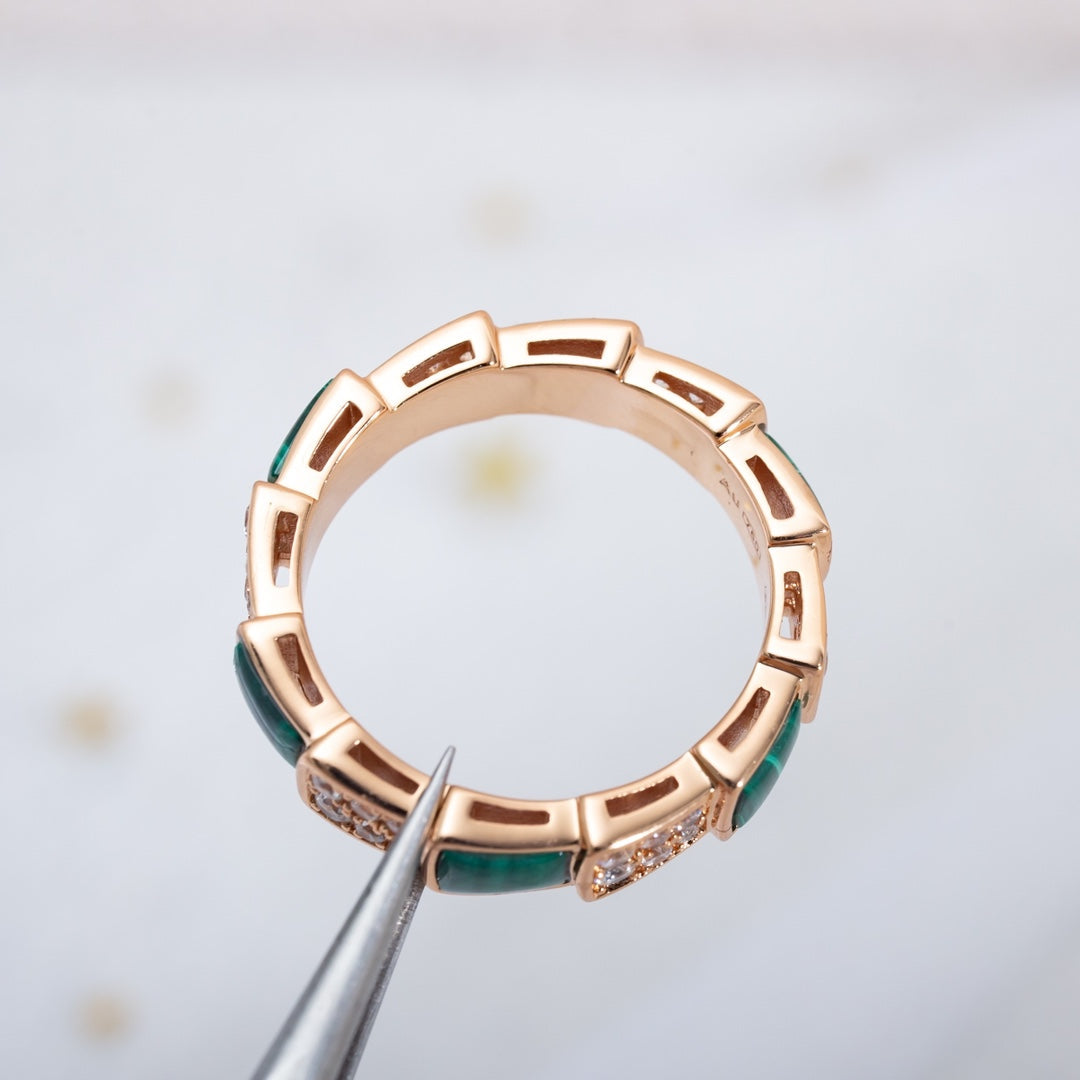 [⭐JeweliWhal]SERPENTI RING PINK GOLD MALACHITE DIAMOND PAVED 4MM