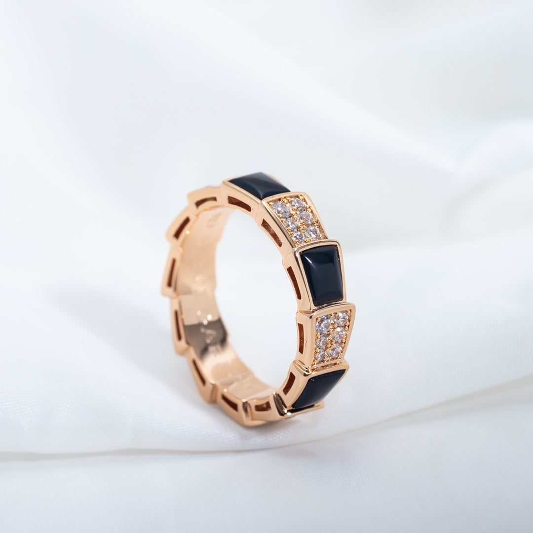 [⭐JeweliWhal]SERPENTI RING PINK GOLD BLACK MOP DIAMOND PAVED 4MM