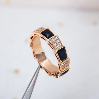 [⭐JeweliWhal]SERPENTI RING PINK GOLD BLACK MOP DIAMOND PAVED 4MM