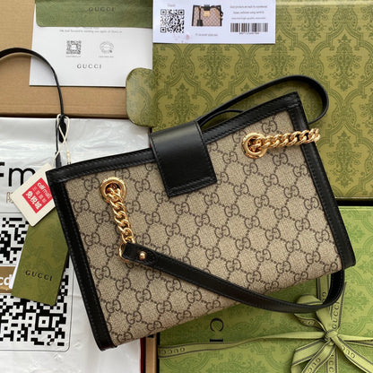 GG PADLOCK MEDIUM 26 SHOULDER BAG BEIGE CANVAS AND BLACK CALFSKIN