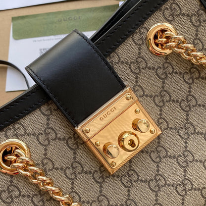 GG PADLOCK MEDIUM 26 SHOULDER BAG BEIGE CANVAS AND BLACK CALFSKIN