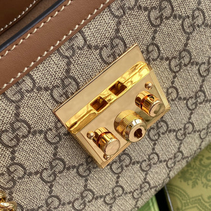 GG PADLOCK MEDIUM 26 SHOULDER BAG BEIGE CANVAS AND BROWN CALFSKIN