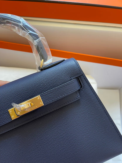 KELLY MINI 20 BAG IN NAVY BLUE CALFSKIN WITH GOLD HARDWARE (MADE-TO-ODER)