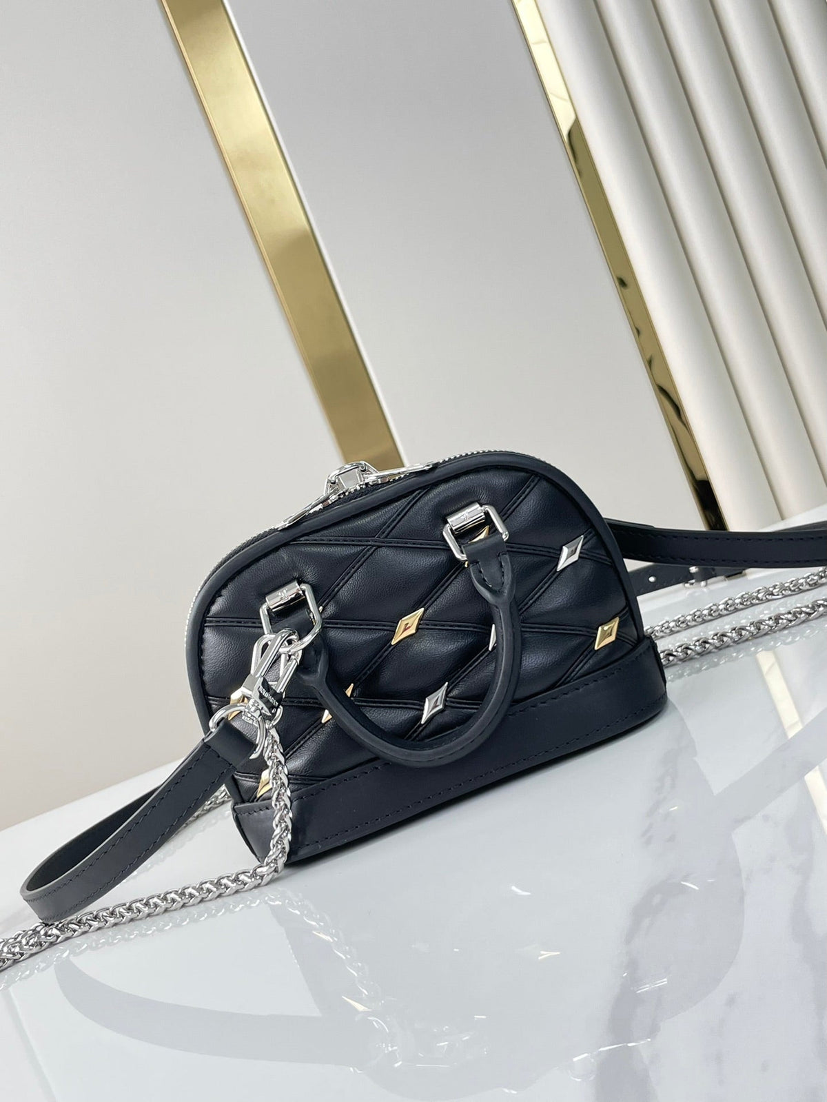 NANO ALMA 18 IN BLACK QUILTED LAMBSKIN GOLD AND SILVER HARDWARE