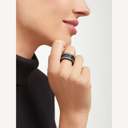 [⭐JeweliWhal]ZERO 1 ROCK FOUR-BAND BLACK CERAMIC WITH STUDDED SPIRAL AND PAVED DIAMONDS RING
