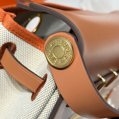 HERMES 25S MINI HERBAG 20 IN BEIGE AND BROWN CANVAS GOLD HARDWARE