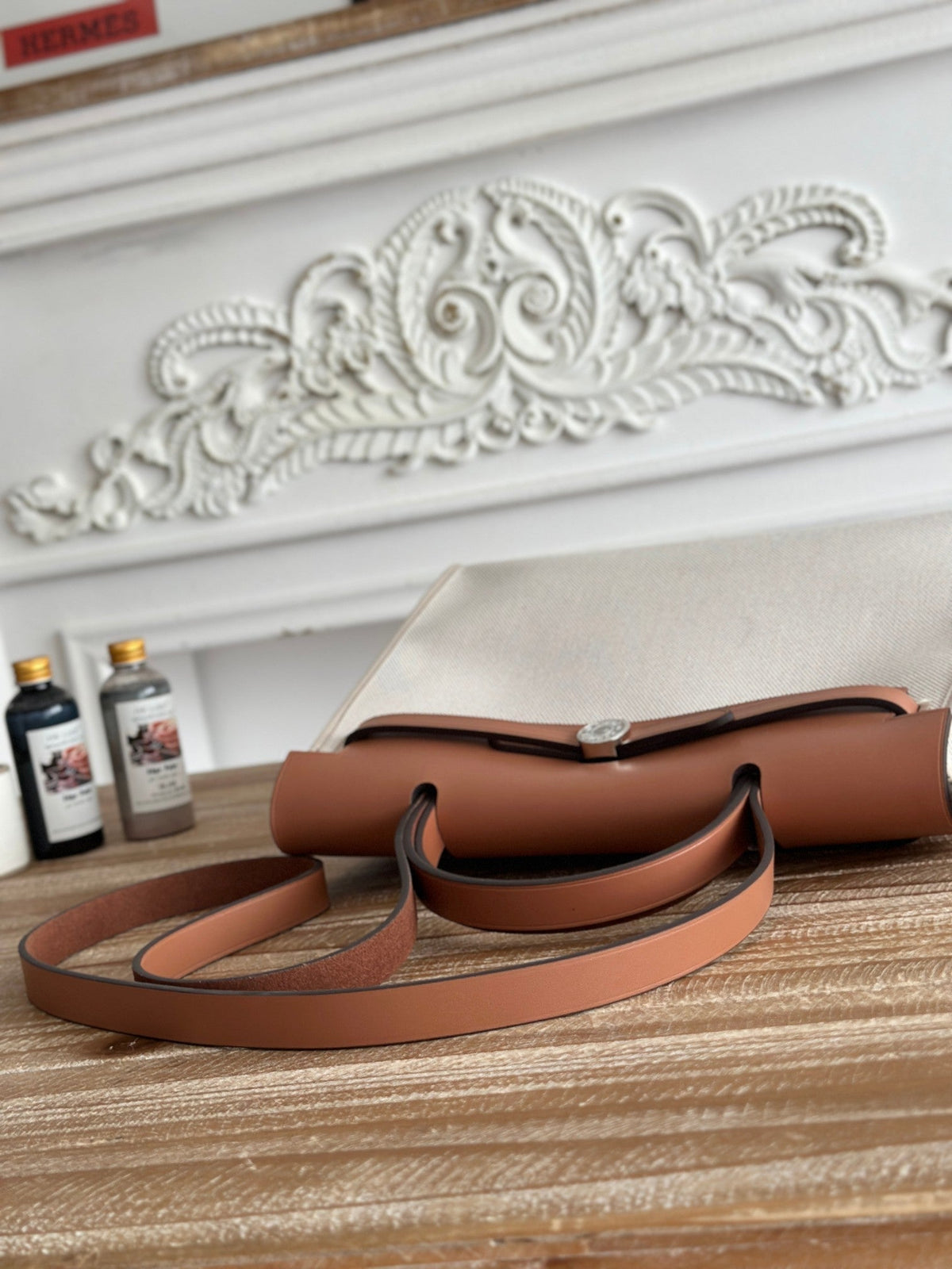 ZIP CABINE 31 BAG IN PALE GRAY CANVAS AND BRONZE BROWN CALFSKIN