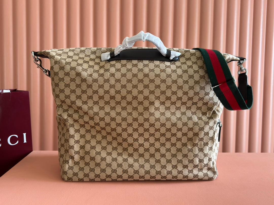 GUCCI 25S OPHIDIA MEDIUM DUFFLE BAG 44 IN BEIGE CANVAS AND BROWN CALFSKIN