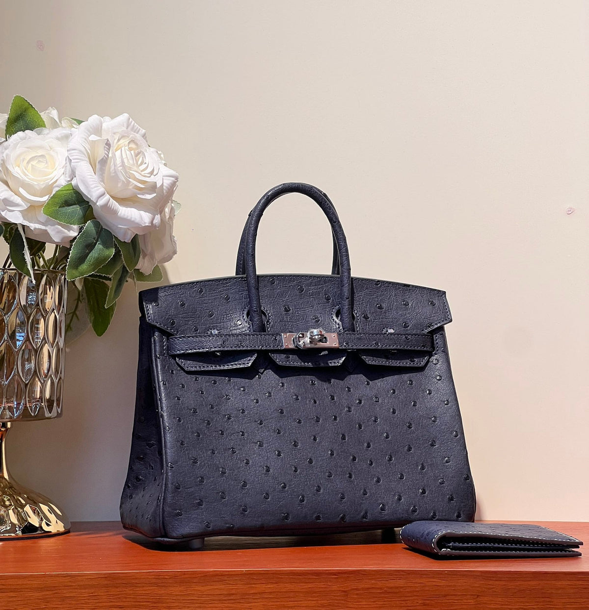 KELLY SELLIER 25 BAG IN SPACE BLUE OSTRICH LEATHER WITH SILVER HARDWARE (MADE-TO-ODER)