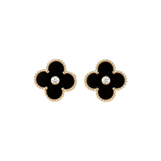 [⭐JeweliWhal]CLOVER MEDIUM 1 MOTIFS ONYX DIAMOND EARRINGS