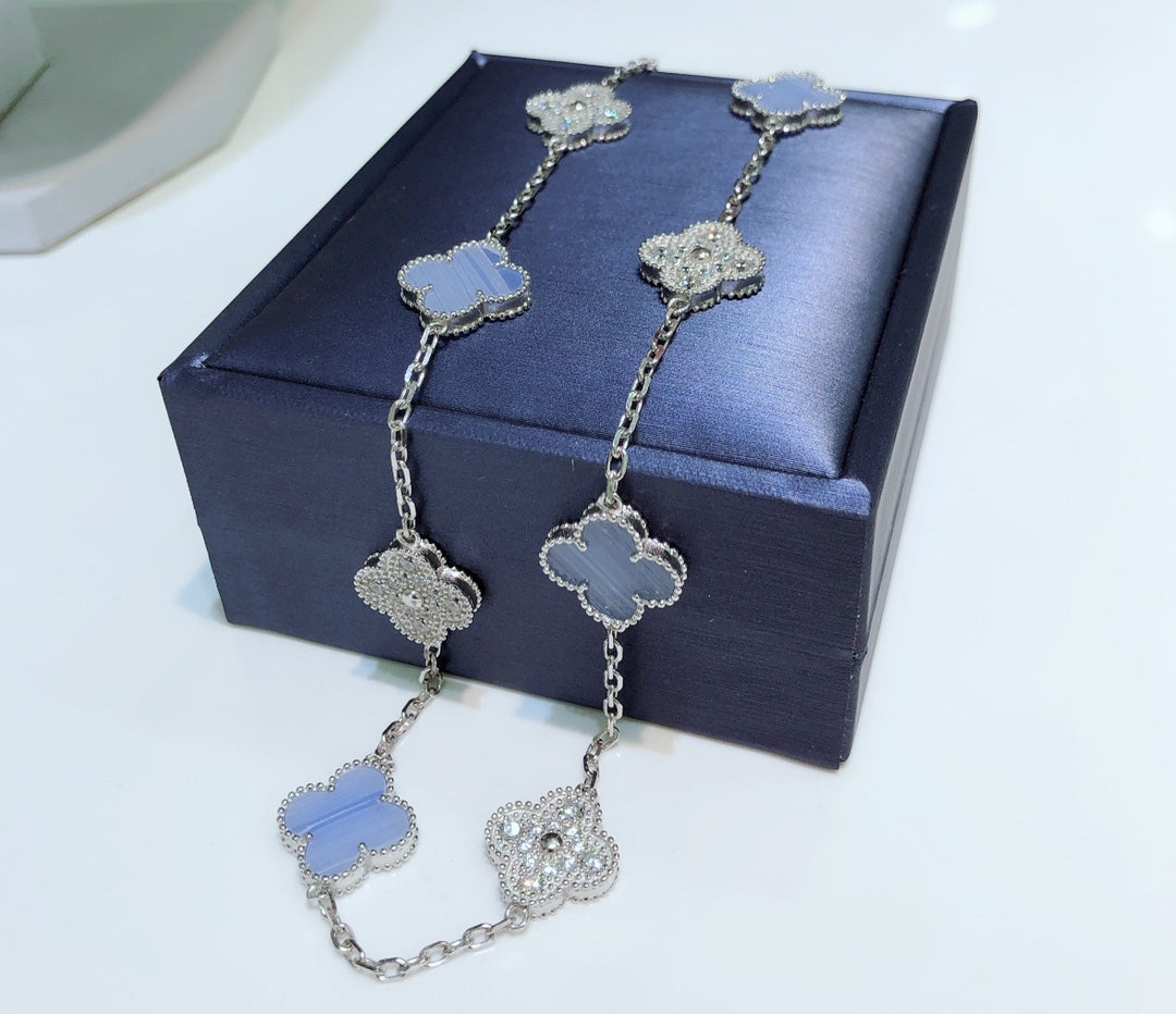[⭐JeweliWhal]CLOVER 10 MOTIFS CHALCEDONY DIAMONDS SILVER NECKLACE